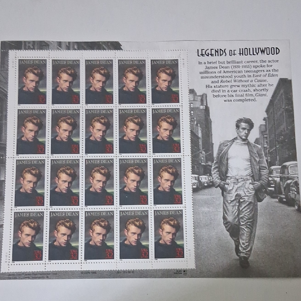 James Dean Commemorative Stamp Sheet - Black, White, Gray
